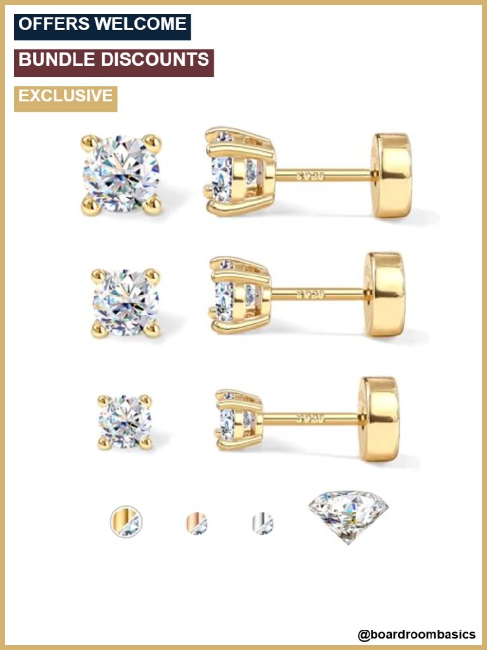 Moissanite Flat Back Stud Earrings 925 Sterling Silver Screw Back 3 Pairs